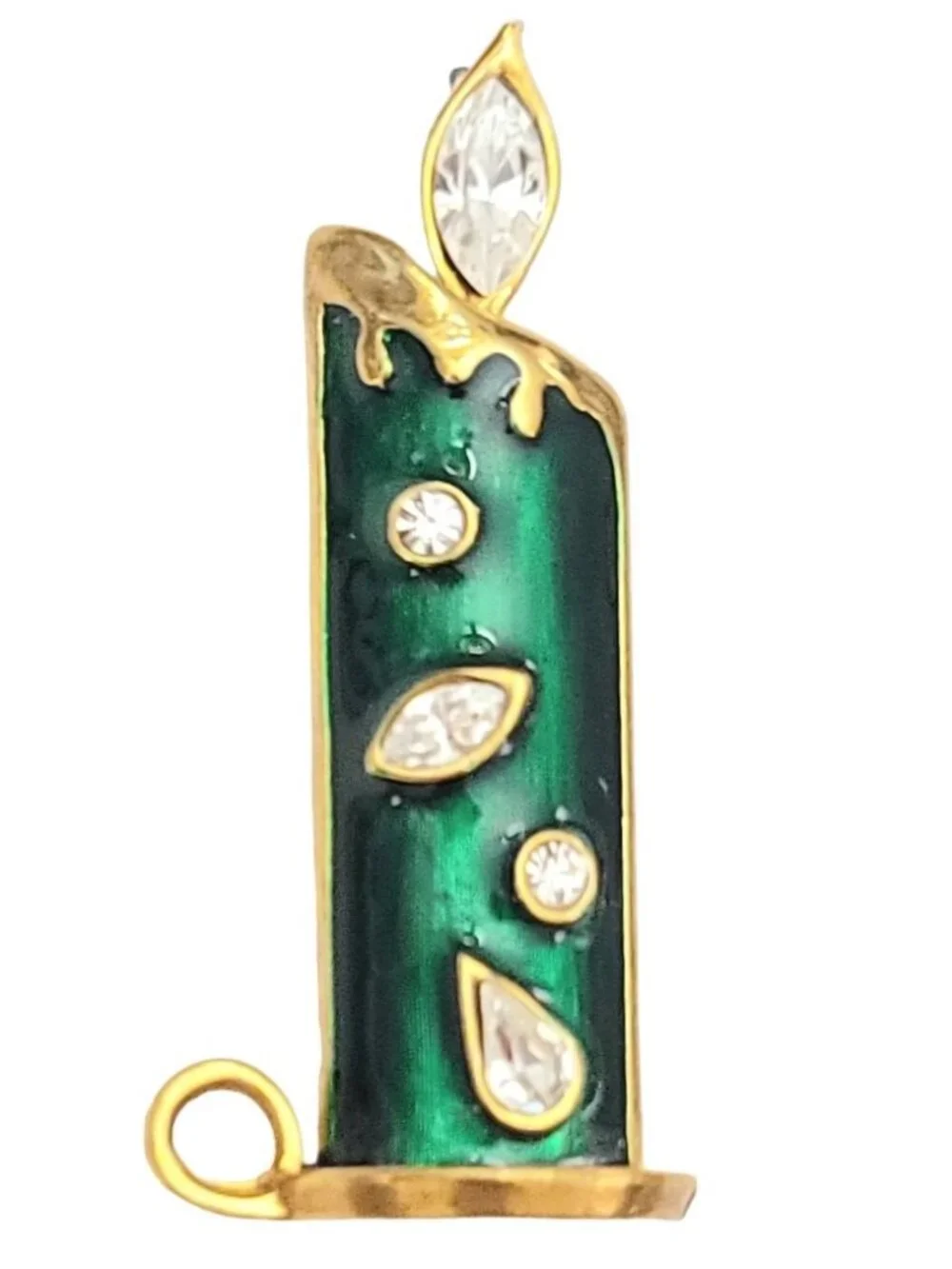 Gold Tone Green Enamel Clear Rhinestone Christmas Candle Brooch Pin K662